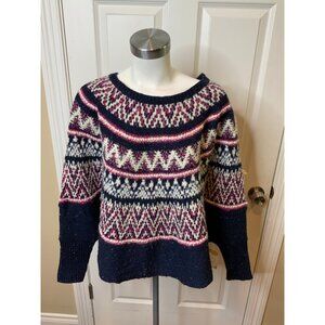 Sleeping on Snow Blue, Pink & White Nordic Wide Neck Sweater Poncho, Size XS/S